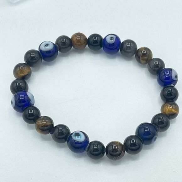 Crystal beaded stretch bracelet ONE NEW evil eye yellow tiger eye silver obsidia - Picture 2 of 10